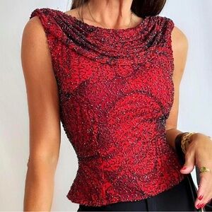 Stunning Vintage Andretta Donatello Beaded Silk Sleeveless Top Red Size XL
